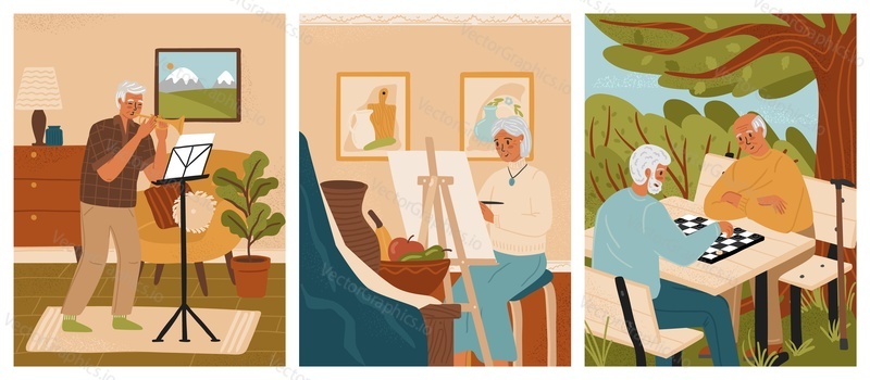 Senior people hobby cocnept vector set. Old man playing music at nursing home, eldery woman painting at home, couple of seniors playing chess in a park.