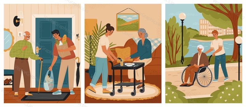 Volunteers taking care of senior people. Nursing home care and old people support concept vector illustration set. Helping with meal, walking, bringing grocery