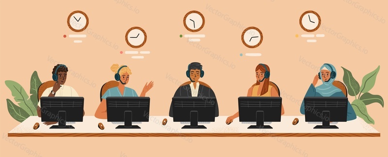 International call center with people from different countries. Diverse customer service concept vector illustration. Customer phone service and business hotline. Office workers with headsets.