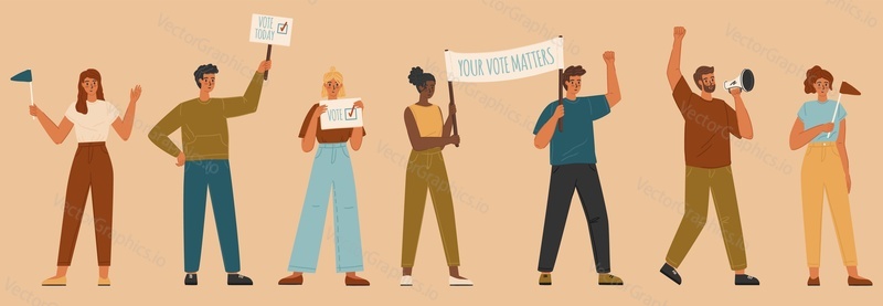 Your vote matters social campaign concept vector banner. Crowd of man and woman holding posters and signs. People activists, political election campaign, public demonstration.