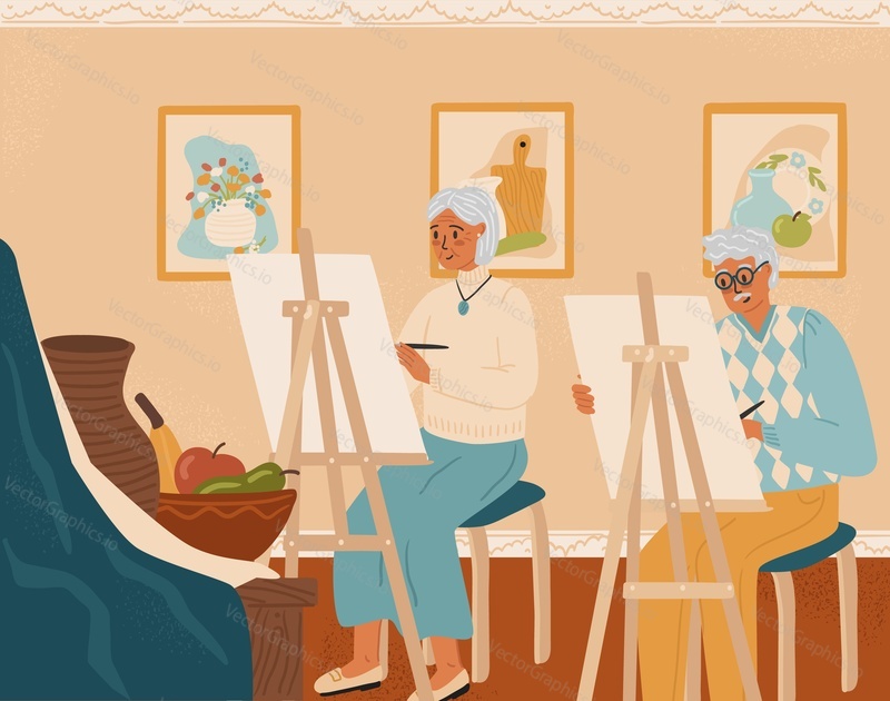 Art painting class for senior persons. Hobby for elderly concept vector illustration. Couple of old people painting and drawing still life in art studio. Retirement life, senior people.