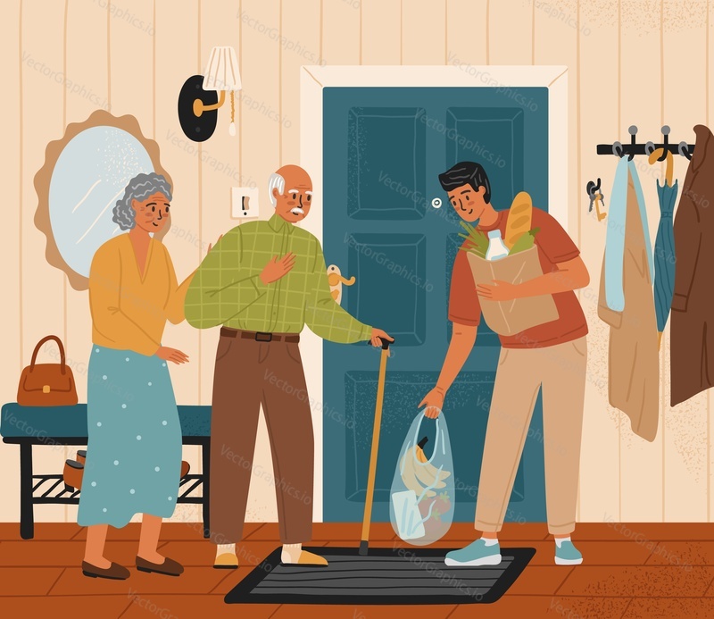 Volunteer young man delivers grocery to senior couple. Social care concept vector illustration. Support old people. Food delivery to home. Young man giving a bag of groceries to elderly couple