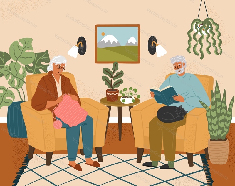 Happy old couple stay at home. Retirement leisure activity concept vector illustration. Senior woman knitting. Senior man reading book in armchair.