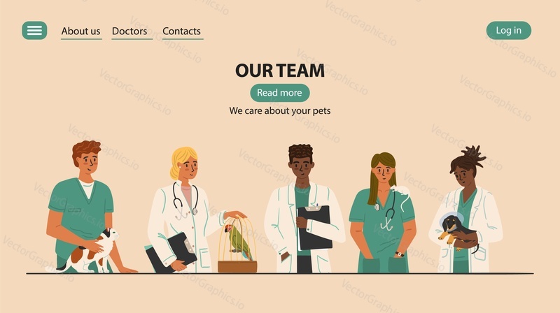 Vet clinic medical team with animals. Veterinary website template vector illustration. Female and male veterinarians in uniform holding pets.  Doctors professional team.