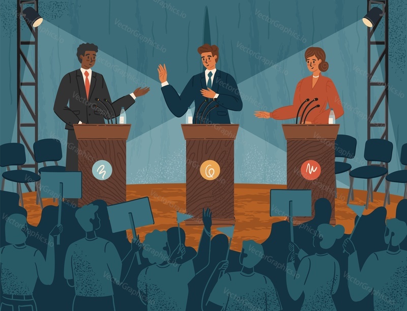 Politicians standing on podium and debating. National election and voting vector illustration. Male and female political candidates at debates, election campaign. Presidential election speech.
