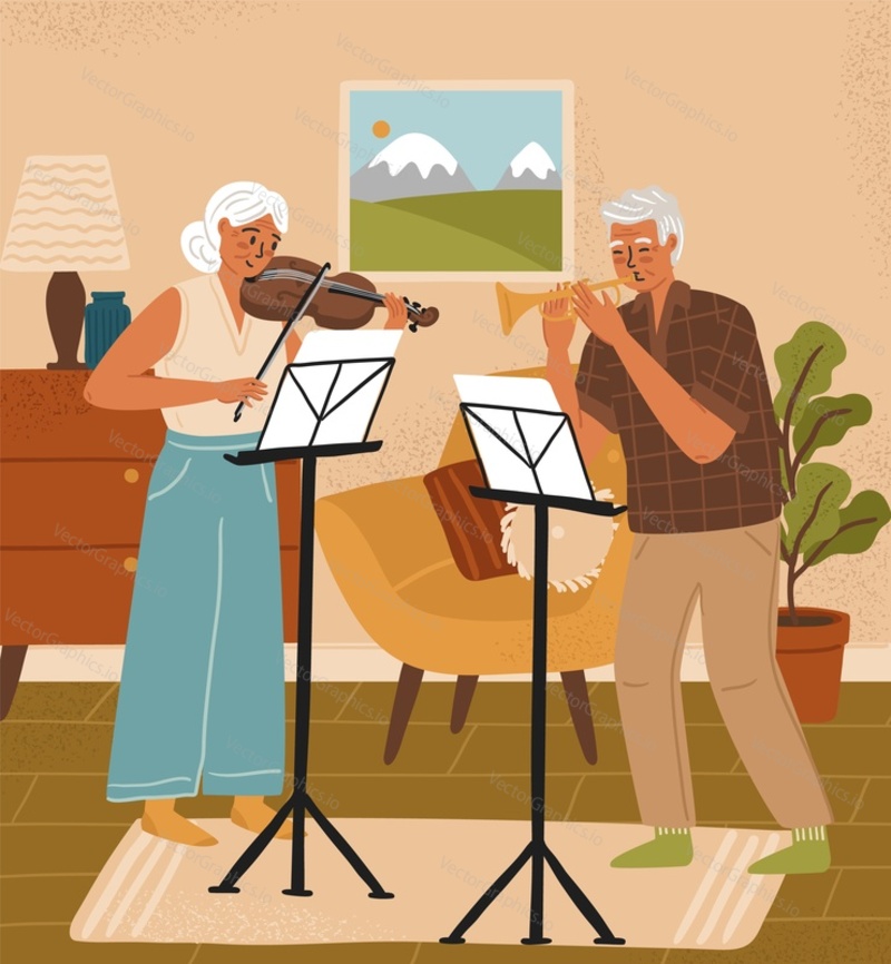 Senior couple with music instruments playing violin and trumpet. Nursing home hobby concept vector illustration. Old people active lifestyle.