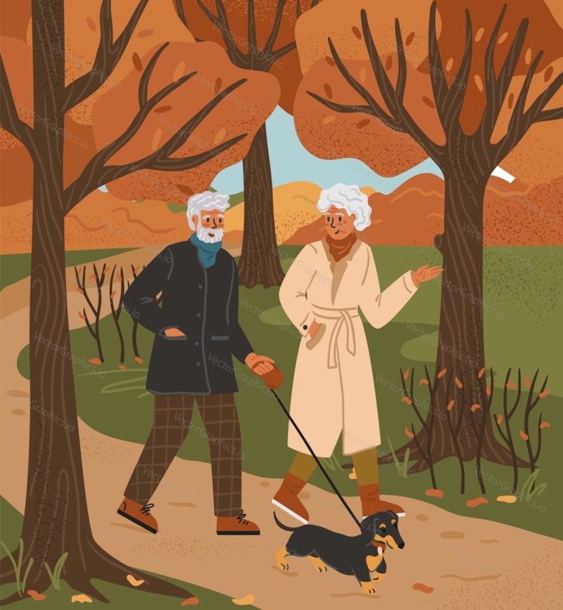 Senior couple walk in autumn park with dog. Old people active lifestyle concept vector poster. Romantic date of couple of senior people.