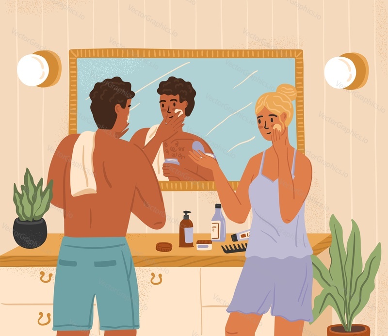 Male skin care concept vector poster. Man and woman applying face cream while standing in front of mirror in bathroom. Male cosmetics, skincare and beauty treatment.