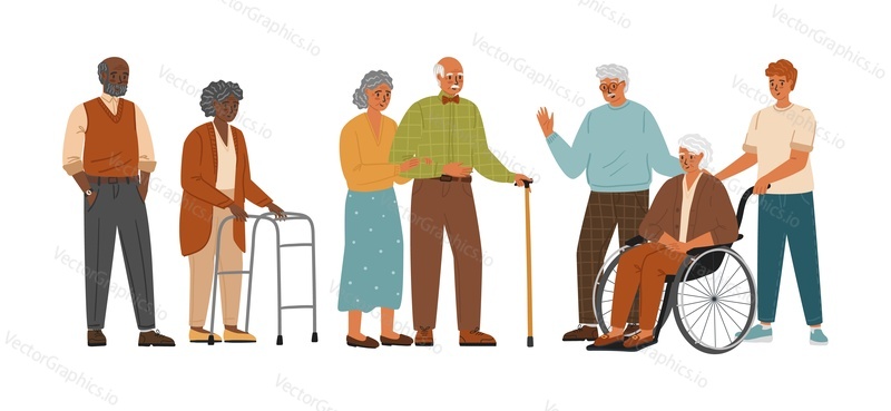 Senior people characters vector set isolated on white background. Old woman on wheelchair, aged man with walking stick. Social care service for elderly people.