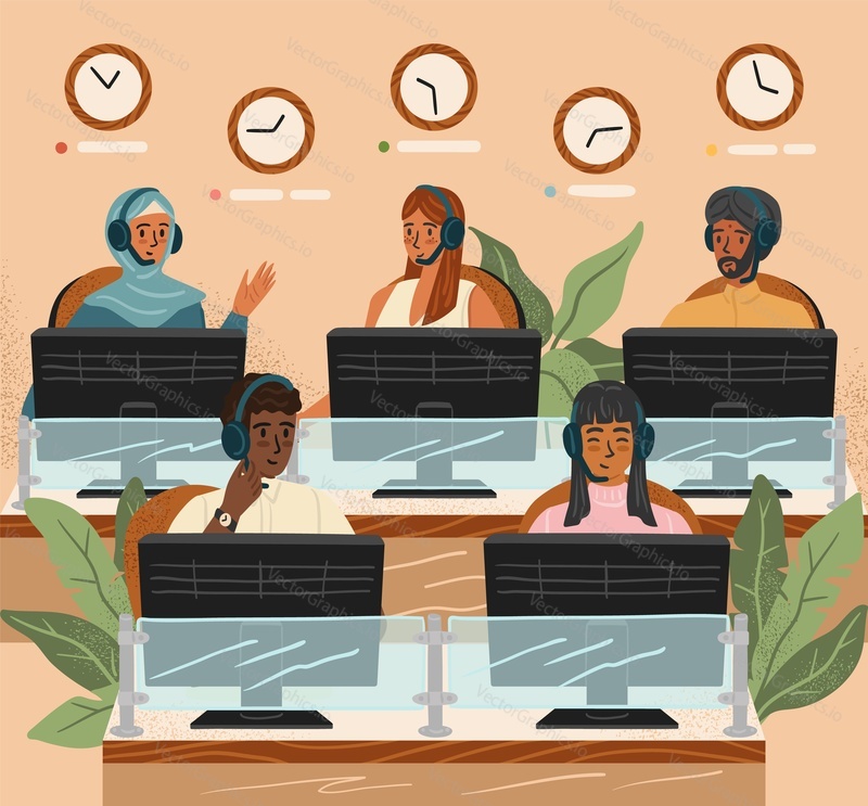 International call center with multicultural people. Diverse customer service concept vector illustration. Customer phone service and business hotline. Office workers with headsets.