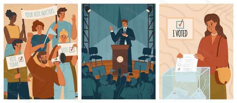 Democratic election campaign process vector posters set. Political candidates debate, vote ballot, political speech, people rally. Democracy concept. Man and woman taking part in national election.