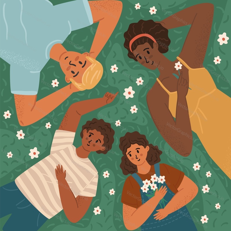 Happy multiracial family lying on a grass in park. Multicultural family concept vector illustration. Black woman and white man with two mixed kids. Summer family time.