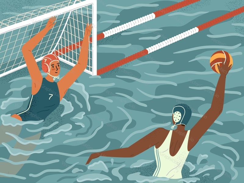Water polo female players in action concept vector illustration. Women's swimming and water sports. Water polo team play game in tournament. Athlete attack goalkeeper with a ball.