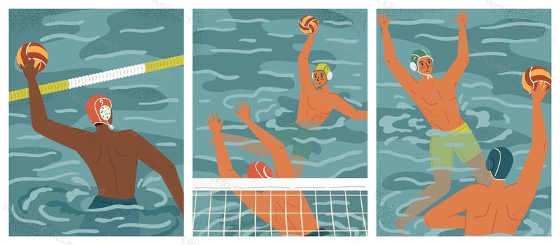 Water polo players in action vector posters set. Swimming and water sports concept. Water polo team play game in tournament.