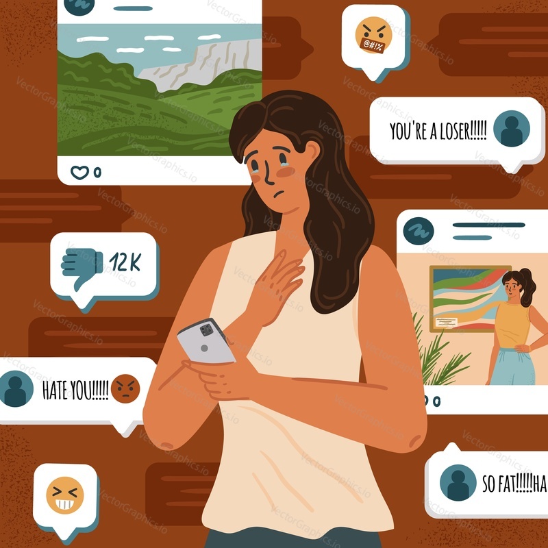 Woman in depression and crying after reading comments and hate messages in her mobile phone. Online cyberbullying concept vector poster. Cyber harassment, hate and abuse messages in social media.