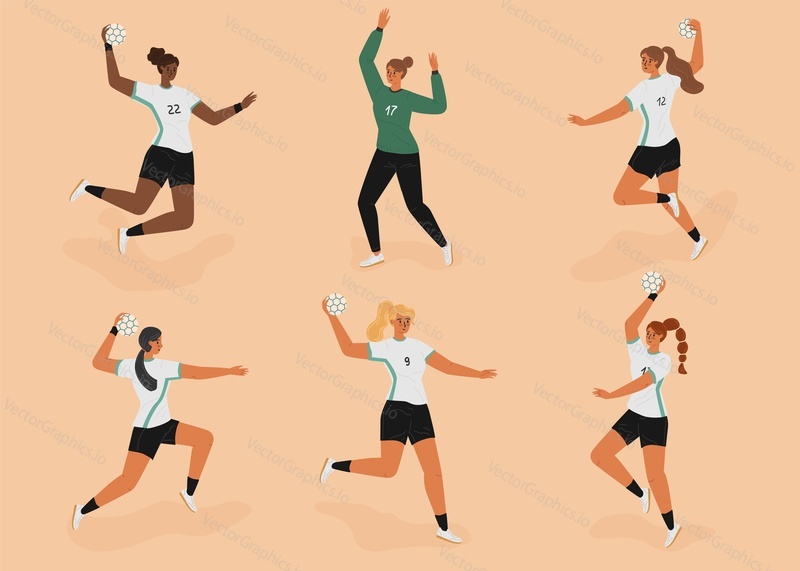 Female handball players isolated characters vector set. Girls players figures with hand ball on a field. Woman handball athletes in different positions. Forward, goalkeeper.