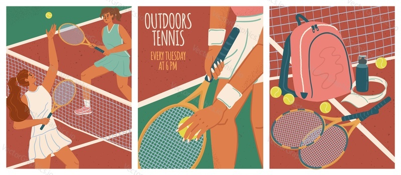 Two female play tennis on a court. Sport game vector posters set. Tennis ball, net and rackets. Sport competition and training.