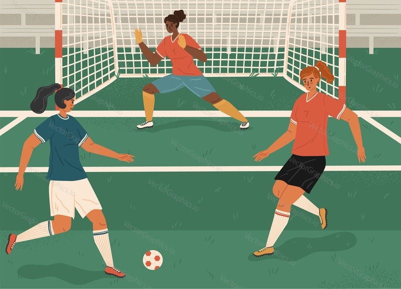 Girls playing soccer concept vector illustration. Women football sport team. Female soccer player kick the ball.