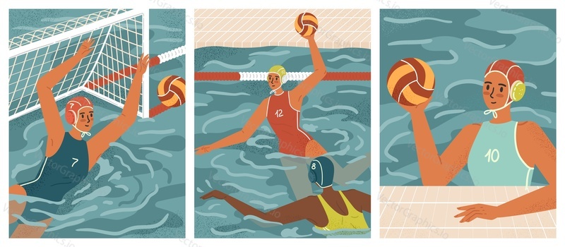 Water polo female players in action vector posters set. Women's Swimming and water sports concept. Water polo team play game in tournament.