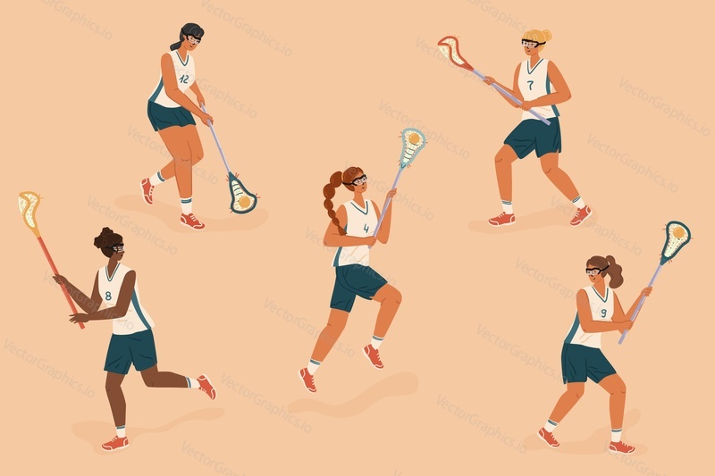 Women's lacrosse players control the ball, characters vector set. Female lacrosse players isolated figures with ball and stick.