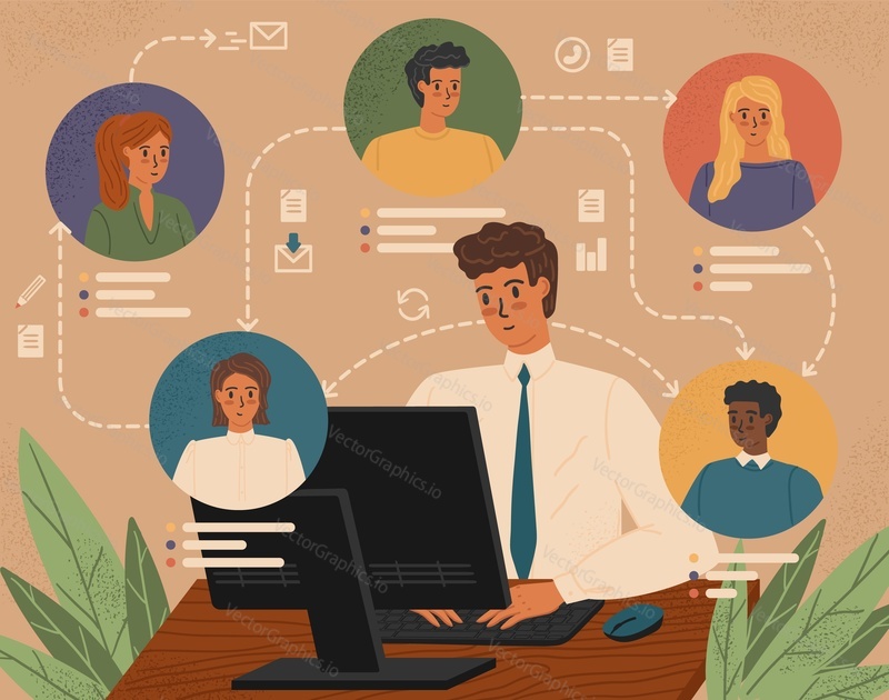 Man remotly working with different people using online communication. Vitrual business team concept vector illustration. Video call, telecommuting, vitrual communication, online work.
