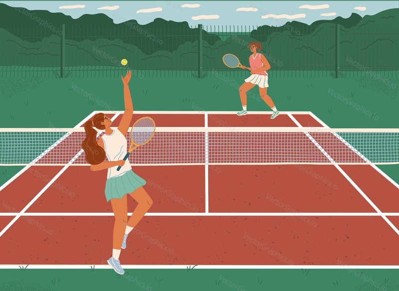 Two girls playing tennis on clay court vector illustration. Woman tennis players with rackets play in tournament.