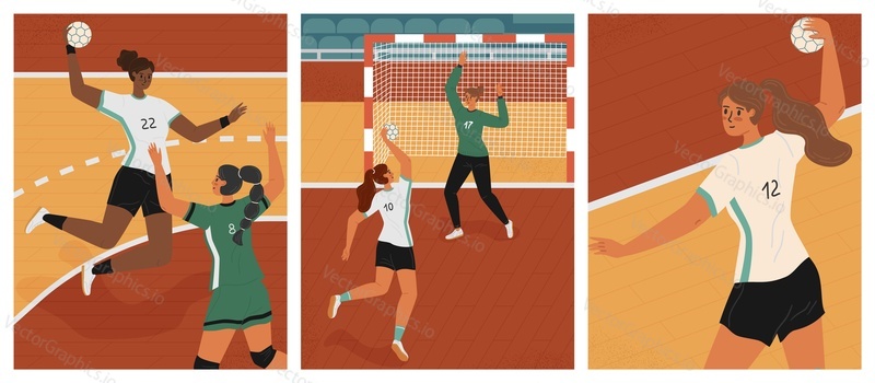 Women's handball game vector posters set. Female handball players on a field. Girl attack and throwing the ball. Handball woman player in uniform.