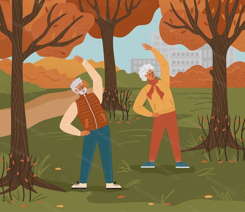 Senior couple exercise in a park. Healthy retirement life concept vector illustration. Autumn outdoor activity for aged people.