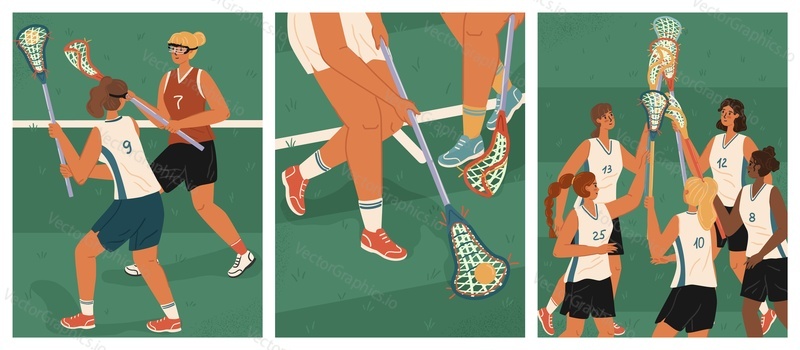 Women's lacrosse team vector posters set. Female lacrosse game players celebrating victory on a field. Lacrosse equipment, stick, ball, uniform.