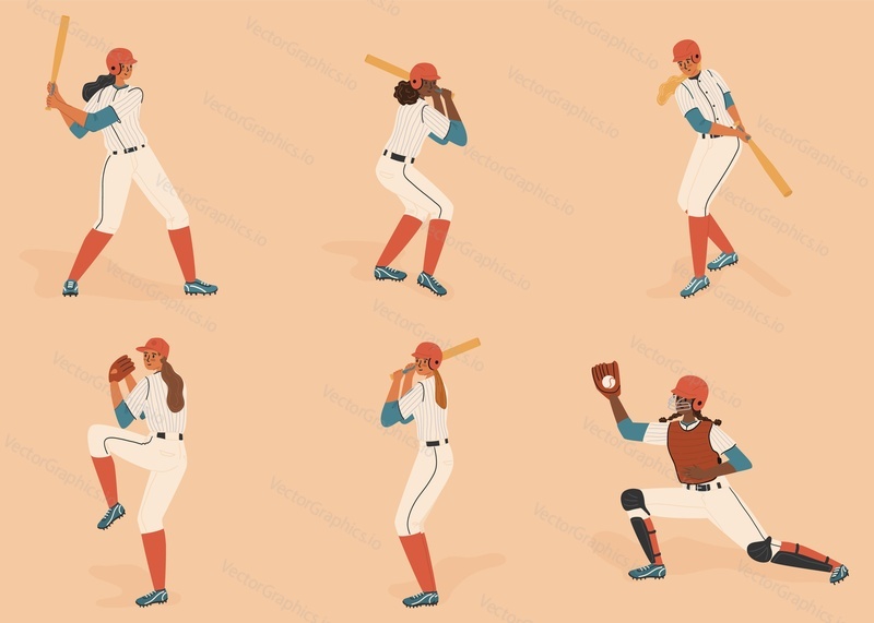 Female baseball players isolated characters vector set. Girls players figures with baseball bat and ball on a field. Woman baseball athletes in different positions. Pitcher, batter, catcher.