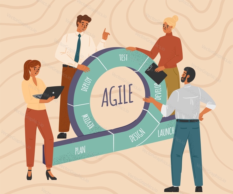 Scrum development process cycle diagram concept vector illustration. Agile and scrum sprints methodology. Business team work with agile process of software development.