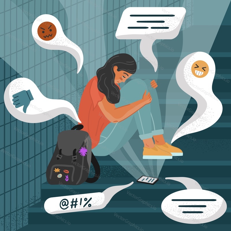 Teenage girl in depression and crying after reading comments and hate messages in her phone. Online cyberbullying concept vector poster. Cyber harassment, hate and abuse messages in social media.