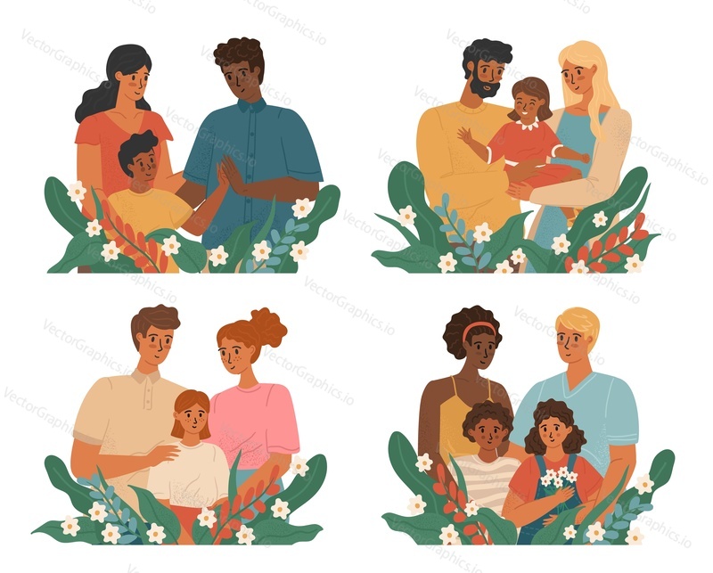 Multiracial and multicultural families vector set. Couples from different cultural and ethnic background adopt kids. Happy international family isolated cartoon illustration.