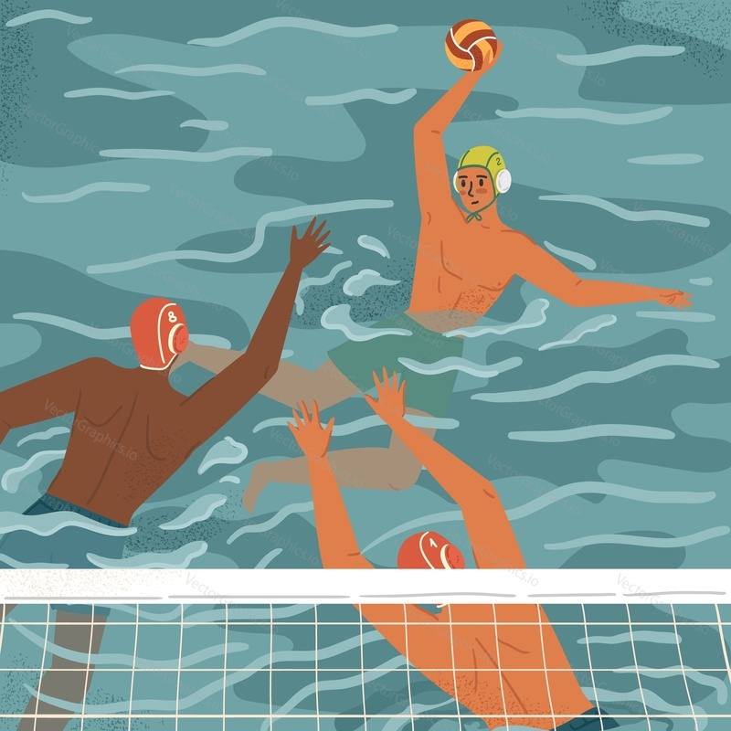 Water polo players in action concept vector illustration. Swimming and water sports. Water polo team play game in tournament. Athlete attack goalkeeper with a ball.