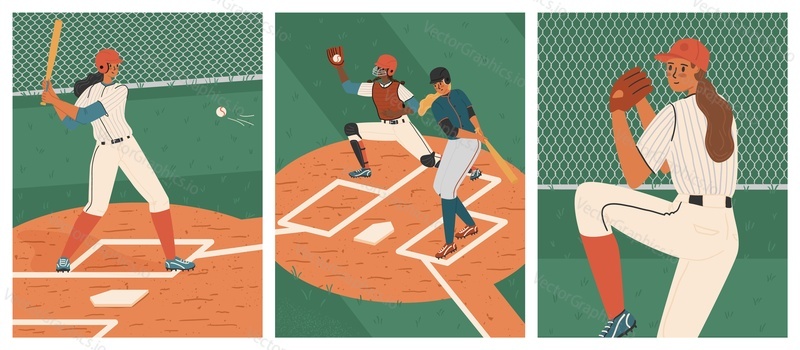 Women's baseball game vector posters set. Female baseball players on a field. Girl pitcher throwing the ball. Softball woman player.