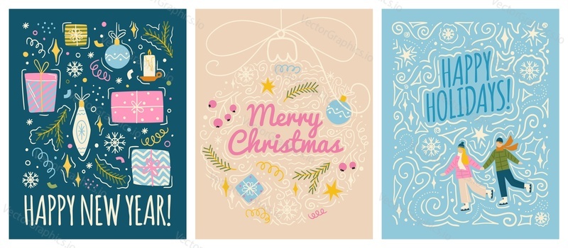 Merry christmas and happy new year greeting cards template. Vector set of winter holiday illustrations in vintage style. Christmas tree and toys. 2023 new year hand drawn poster.