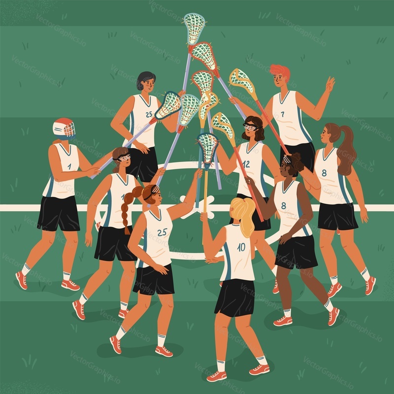 Women's lacrosse team celebrating victory, vector illustration. Female lacrosse game players on a field.