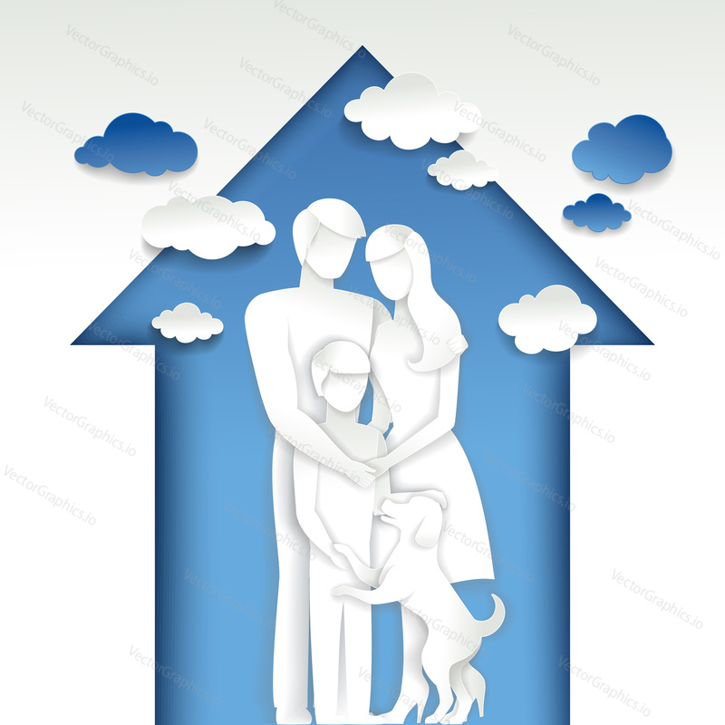 Vector abstract illustration of happy family with one child and pet dog in house.