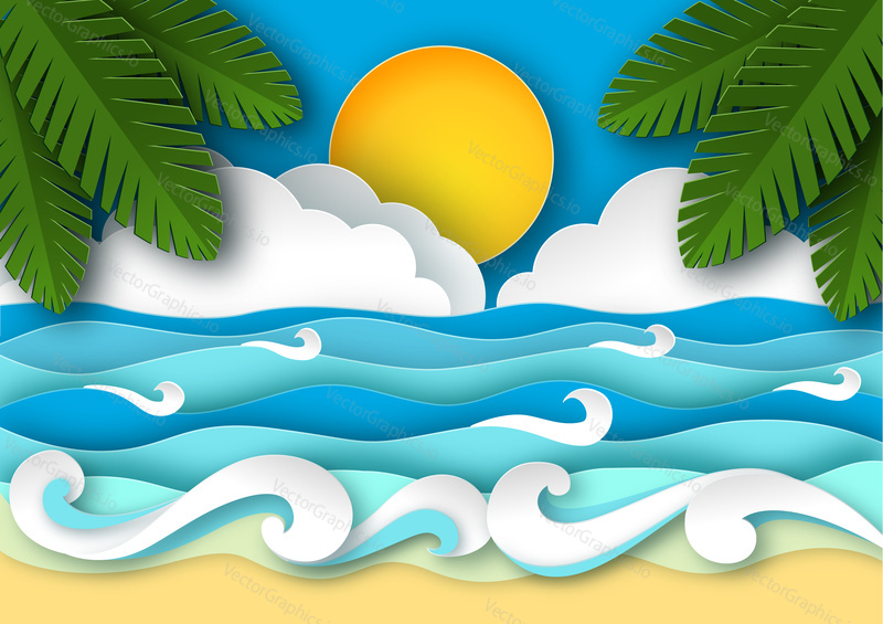 Sea waves and tropical beach in paper art style. Travel concept vector illustration. Summer vacation poster in paper cut design.