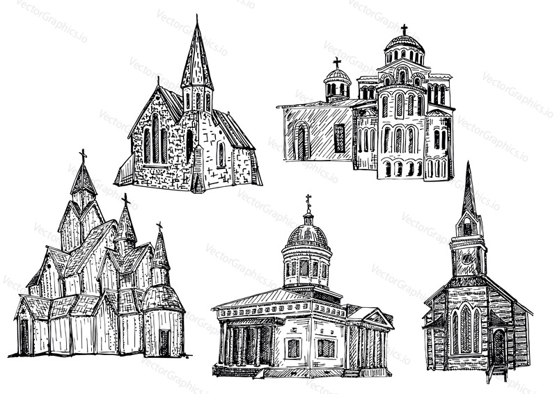 Churches set. Vector ink hand drawn illustration isolated on white background.