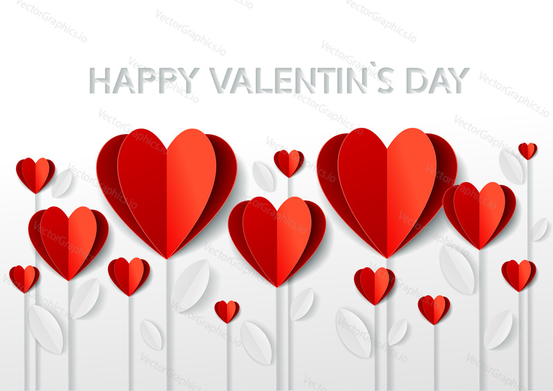 Greetings card for Valentine s Day in paper art style design. Vector paper cut illustration. Heart shaped flowers. 14 february origami concept.