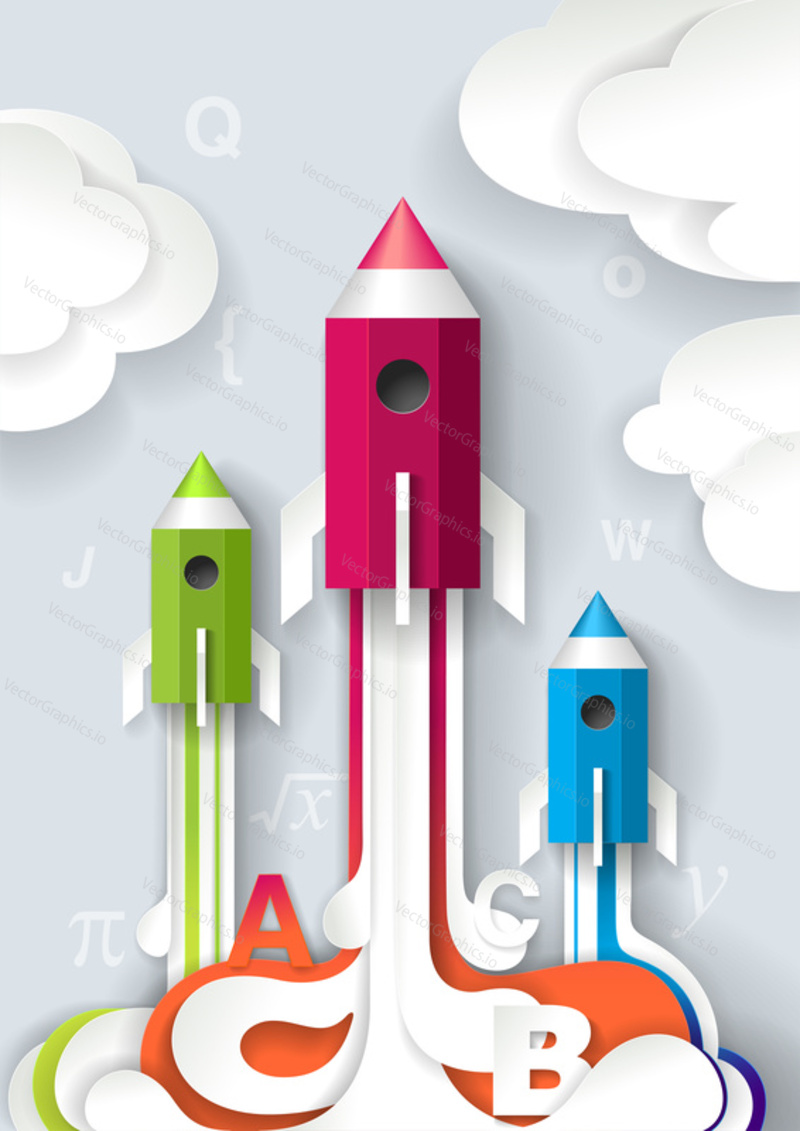 Successful school start vector illustration with pencil rockets flying into space, abc letters. Back to school concept.