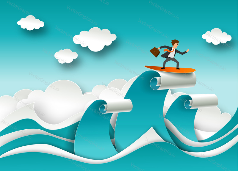 Business success concept vector poster in paper art origami style. Businessman surfing on a top of the wave. Sea waves and clouds paper cut.