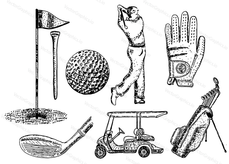 Golf icon set. Vector ink hand drawn illustration isolated on white background.