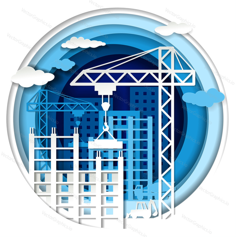Blue cityscape, building construction concept. Vector illustration in paper art style.