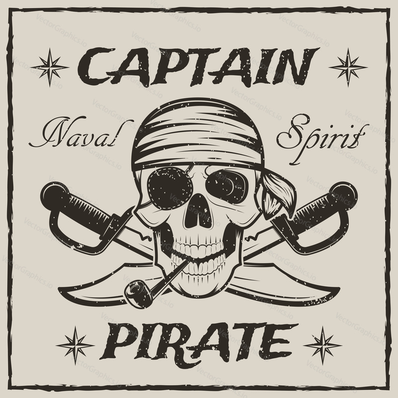 Pirate captain skull and crossed swords. Vector sketch grunge illustration of human skull wearing bandana and eyepatch with smoking pipe. Vintage logo, tattoo template design.