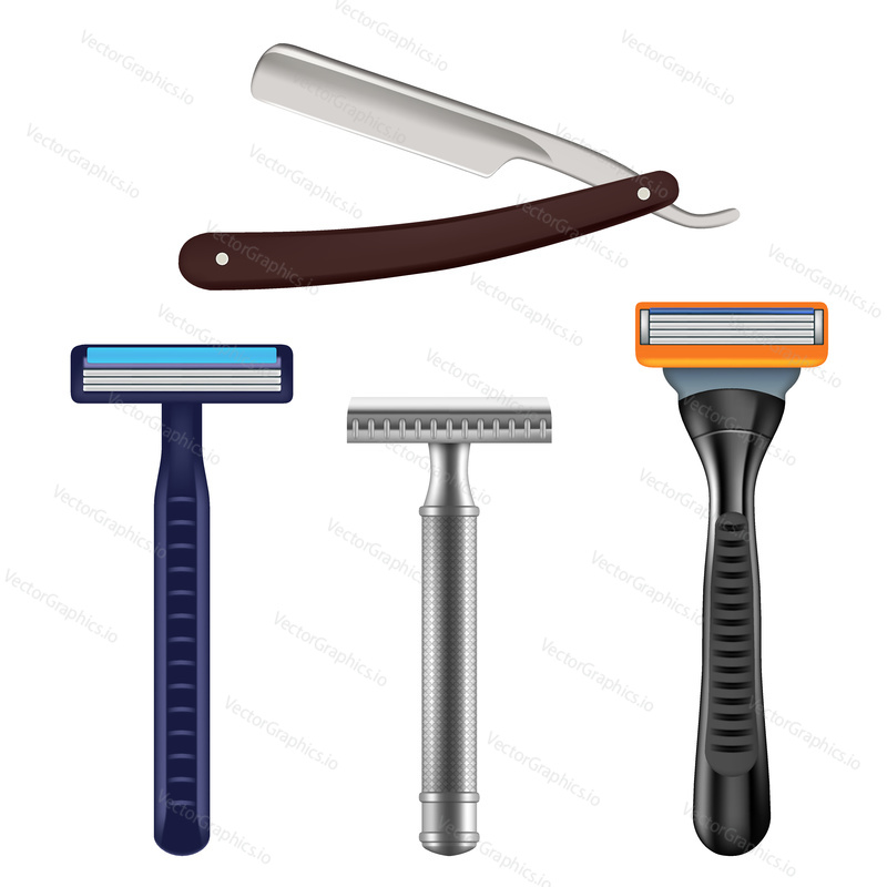 Shaving razor mockup set. Vector realistic illustration of straight razor with brown handle and color wet shave razors for men.