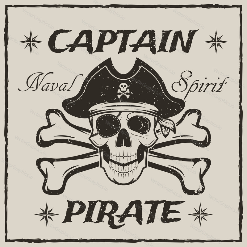 Pirate captain skull and crossed swords vector sketch grunge illustration. Human skull wearing pirate hat and eyepatch. Vintage logo, tattoo template design.