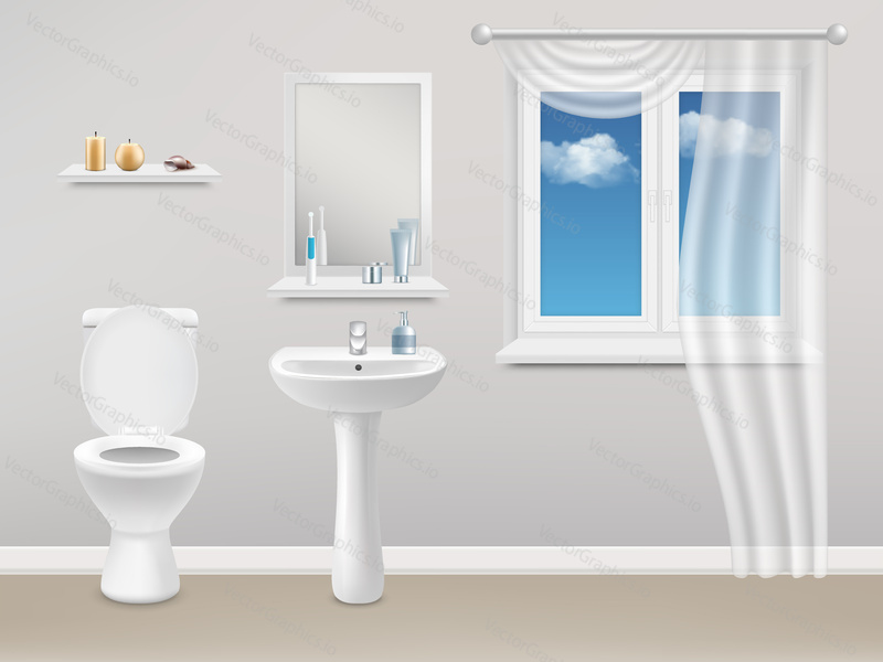 Vector realistic illustration of bathroom interior with white plastic closed window with white curtain, washbasin, toilet, mirror and toiletries.