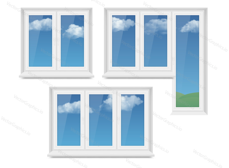Vector set of realistic white plastic closed windows and light blue sky with white clouds outside them. Realistic illustration isolated on white background.
